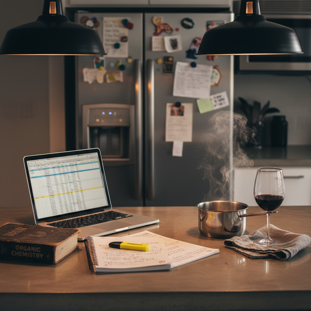 A modern kitchen countertop with a gleaming stainless steel laptop open beside a textbook, a spiral notebook filled with messy handwritten notes, and a bright highlighter lying uncapped. Nearby, a simmering saucepan releases faint steam, and a glass of red wine sits beside a neatly folded dish towel. Magnets and crumpled to-do lists clutter the refrigerator in the blurred background. Overhead pendant lights cast warm, focused pools of light that create gentle reflections on the countertop. Photographic realism with an eye-level, slightly off-center composition emphasizes the tension between domestic responsibilities and late-in-life learning, conveying determination, humor, and everyday chaos in the same frame.