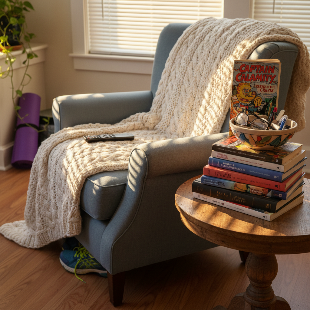 A cozy living room corner featuring an overstuffed, slightly faded armchair draped with a knitted throw, positioned next to a small side table piled with self-help books, travel guides, and a single, rebellious comic book on top. A ceramic bowl overflows with reading glasses and pens, while a neglected yoga mat lies rolled in the background. Warm golden hour sunlight filters through partially open blinds, creating striped light across the chair and books. A television remote and a pair of running shoes peek out from under the chair. Photographic realism, captured from a slightly elevated angle with soft focus on the background, conveys a playful, introspective mood that blends comfort, ambition, and a touch of sarcasm.