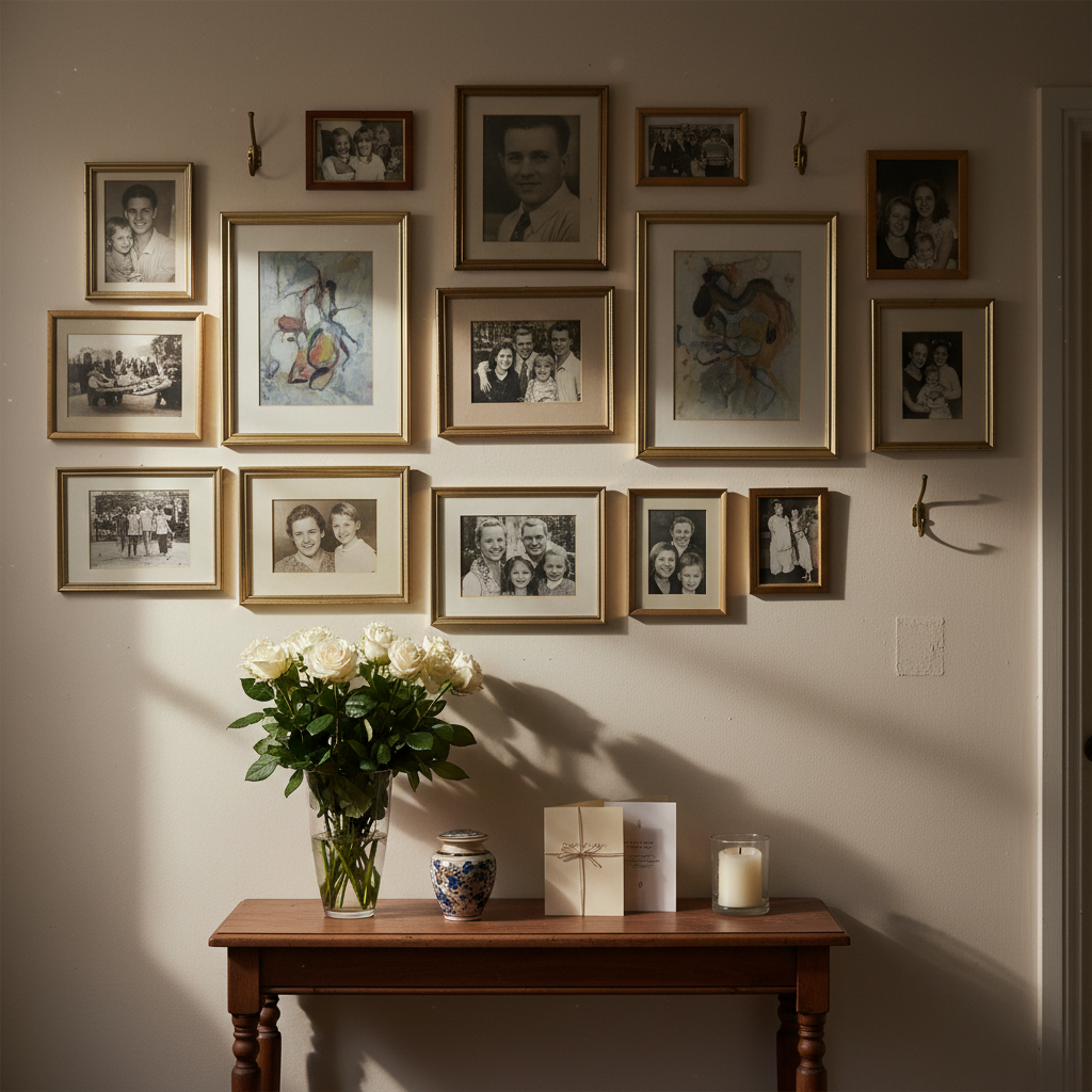 A hallway wall lined with an eclectic collage of framed photos, abstract art, and empty hooks where pictures clearly once hung, leaving faint sun-bleached rectangles behind. Below, a narrow console table holds a vase of slightly wilted flowers, a small decorative urn, a stack of sympathy cards, and a candle burned halfway down. Soft, diffused morning light filters from an unseen window, casting subtle shadows and a quiet glow over the scene. Photographic realism with a straight-on composition and moderate depth of field captures a tender, reflective mood, suggesting grief, transition, and the bittersweet process of rearranging the story of a life in its later chapters.