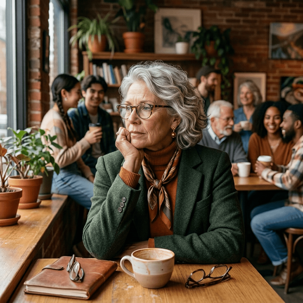 A woman sitting alone at a café table looking pensive while others socialize in the background