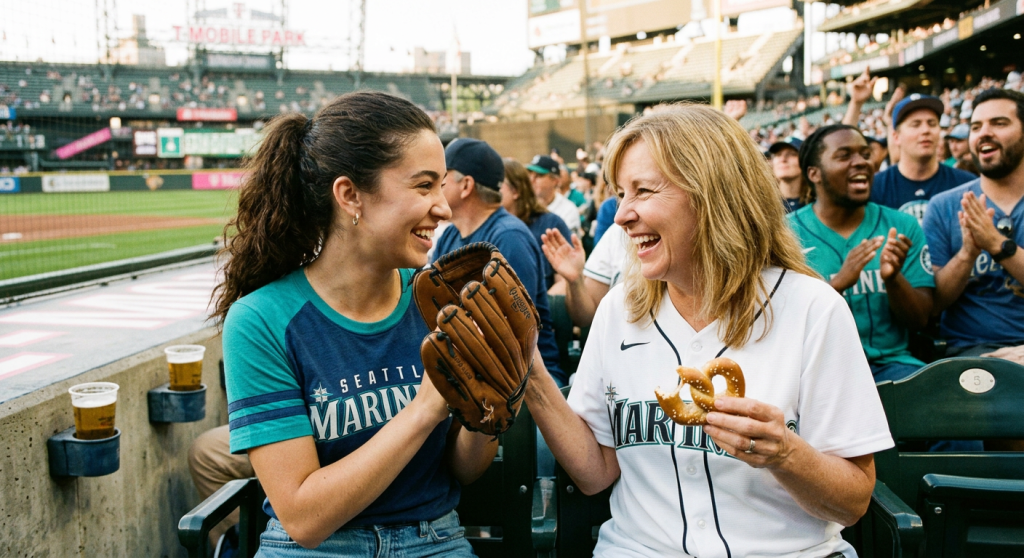 Two women wearing Seattle Mariners shirts smiling and holding a baseball glove and pretzel at a stadium